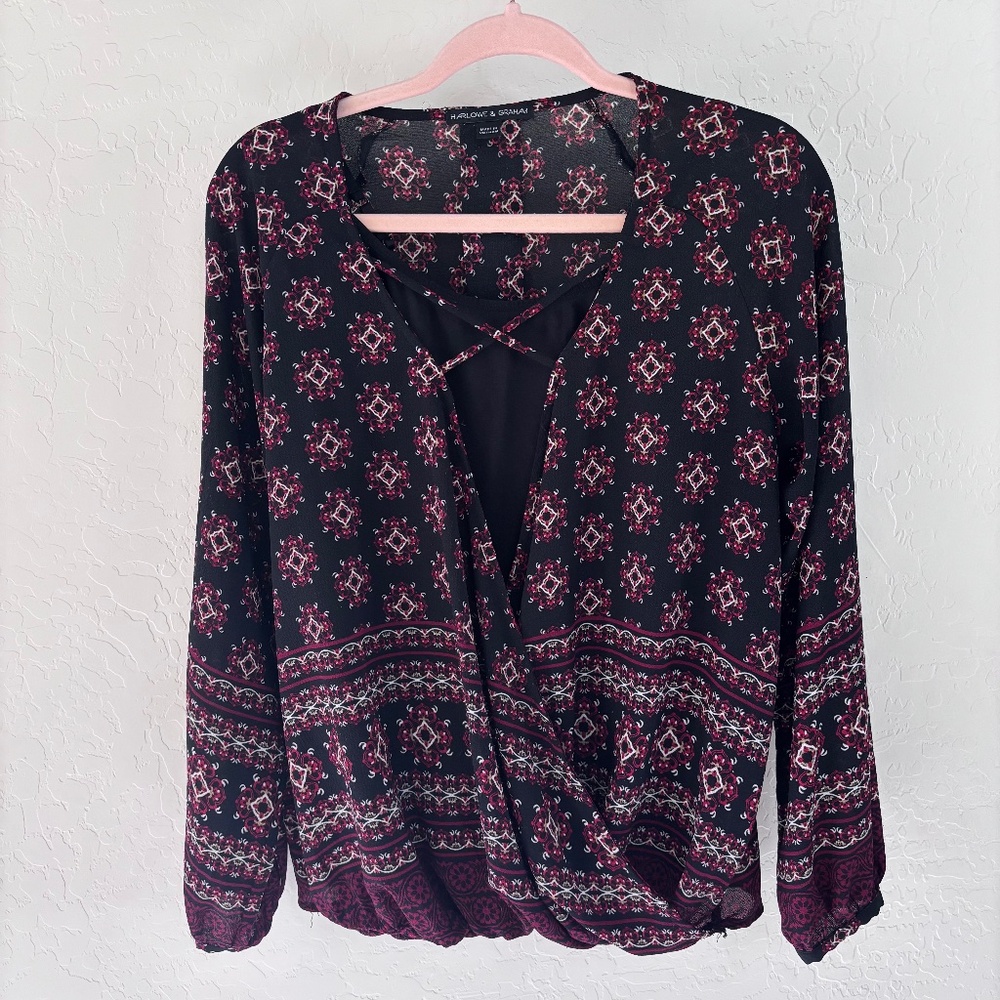 Harlowe & Graham‎ Faux Wrap Long Sleeve Geometric Print Blouse. Size M.